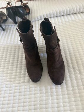 Anne Klein Dark Brown Suede Ankle Booties with Side Buckle